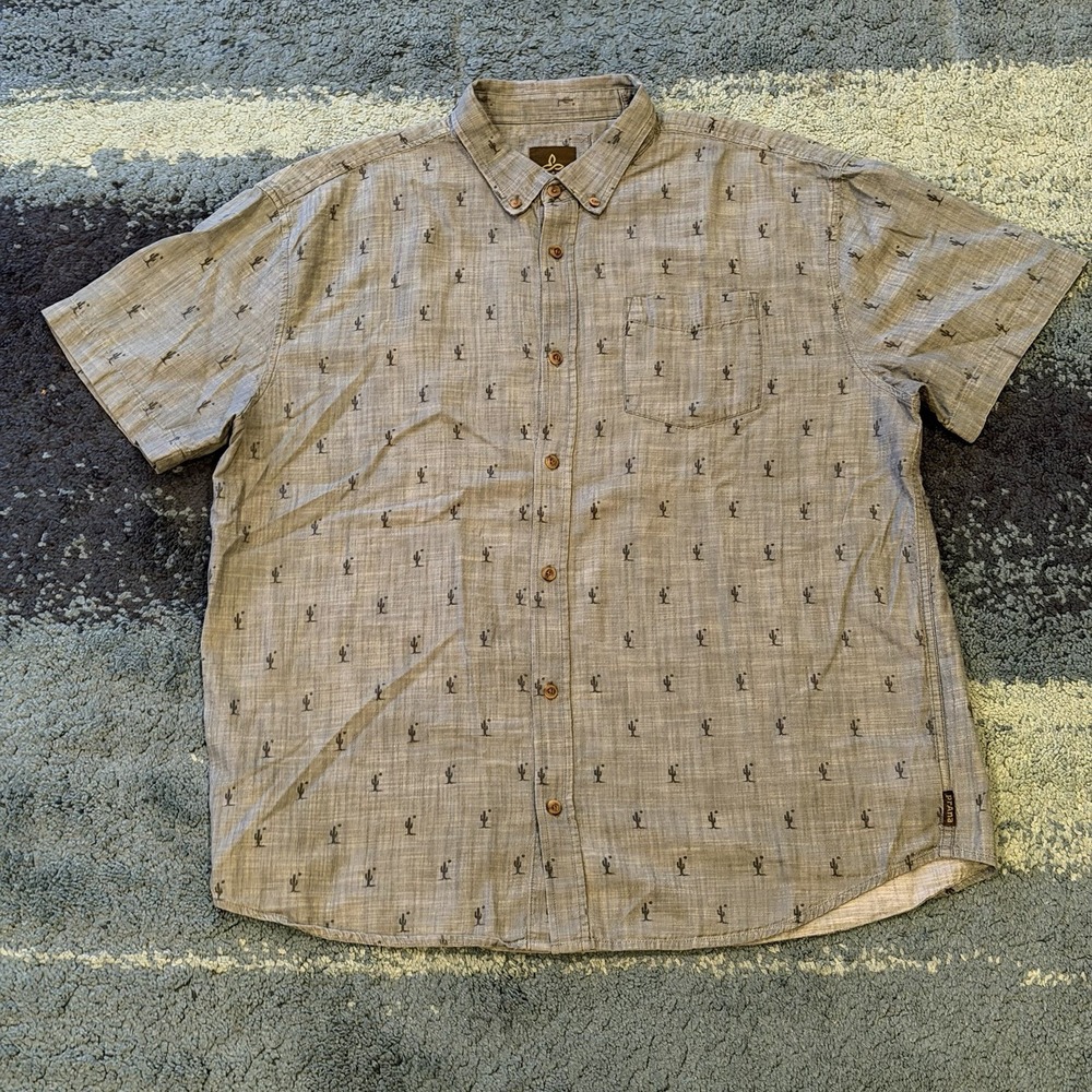 Prana Short Sleeve Button Up Shirt Blue Cactus AOP Men's XXL Casual Outdoor
